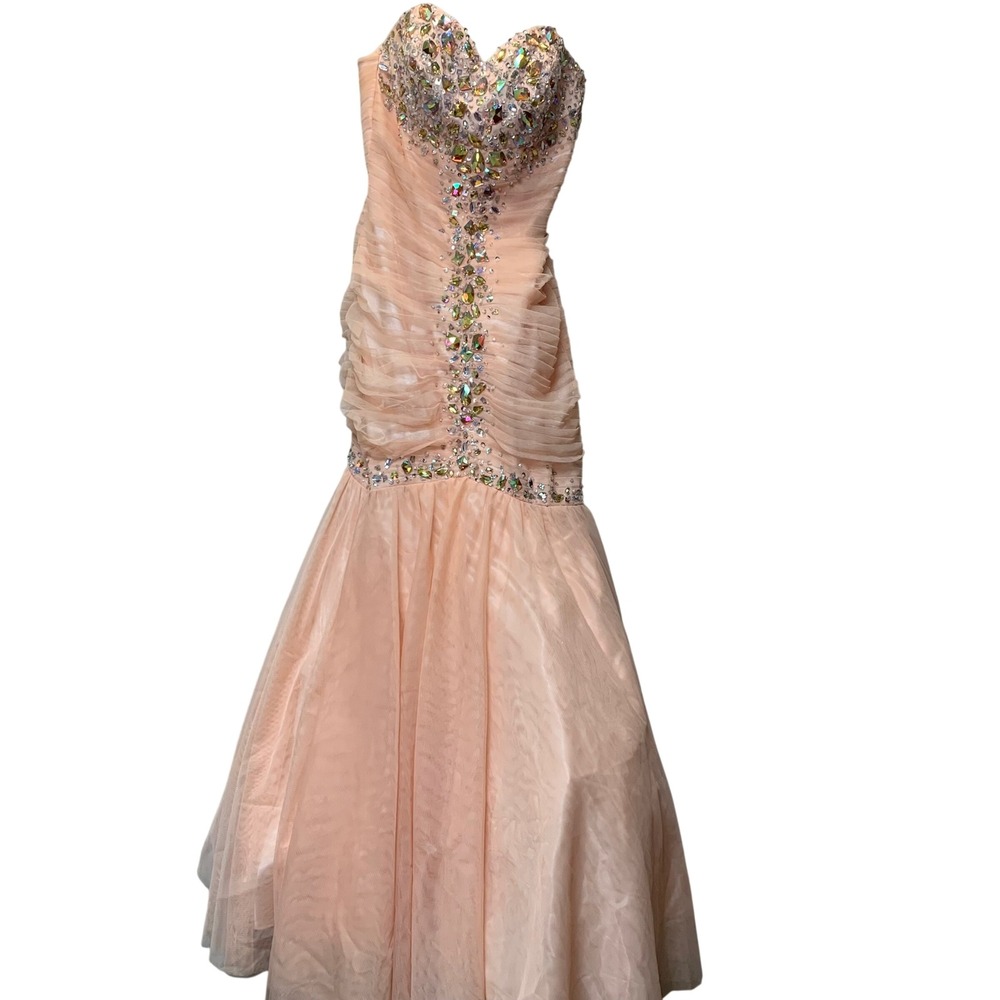 Beyond by Jovani Mermaid Gown Women Size 2 Peach Excellent Crystal Beaded DB67